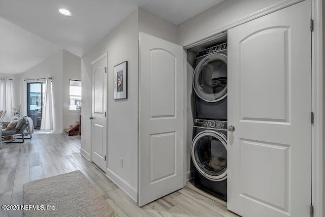 726 Spinnakers Reach Dr Unit 726, Ponte Vedra Beach, FL 32082 - clothes washing area featuring laundry area, stacked washer and clothes dryer, light wood-style floors, baseboards, and recessed lighting