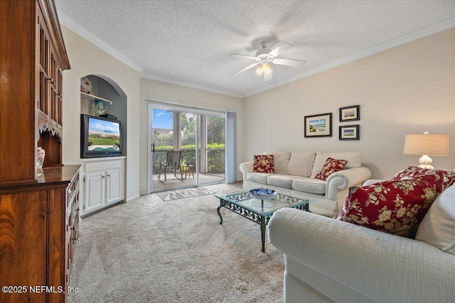 10000 Gate Pkwy Unit 714, Jacksonville, FL 32246 - living room featuring ornamental molding, a ceiling fan, built in features, a textured ceiling, and carpet