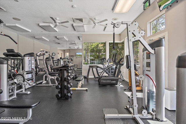 10000 Gate Pkwy Unit 714, Jacksonville, FL 32246 - exercise room featuring a wealth of natural light, visible vents, a textured ceiling, and a ceiling fan
