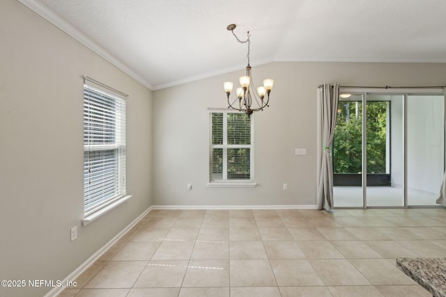 79 Boulder Rock Way, Saint Augustine, FL 32092 - unfurnished room with a chandelier, crown molding, lofted ceiling, light tile patterned floors, and baseboards