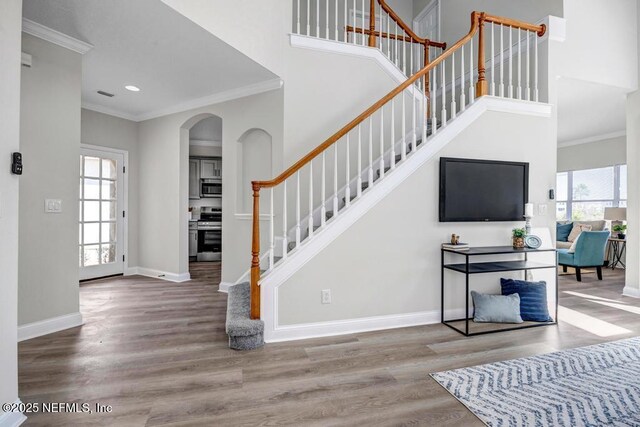 95332 Village Dr, Fernandina Beach, FL 32034 - stairway with wood finished floors, baseboards, ornamental molding, and a towering ceiling