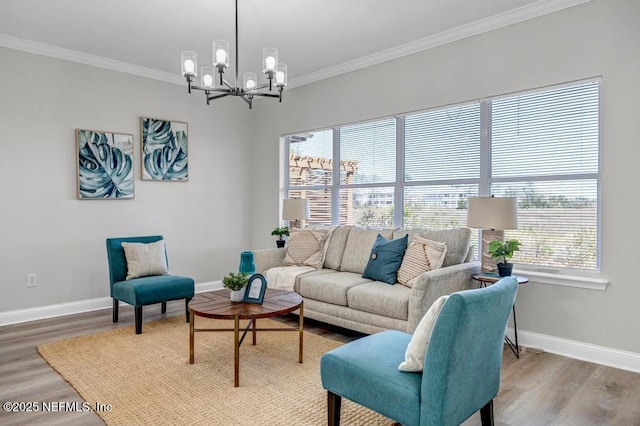 95332 Village Dr, Fernandina Beach, FL 32034 - living room with crown molding, a notable chandelier, and wood finished floors