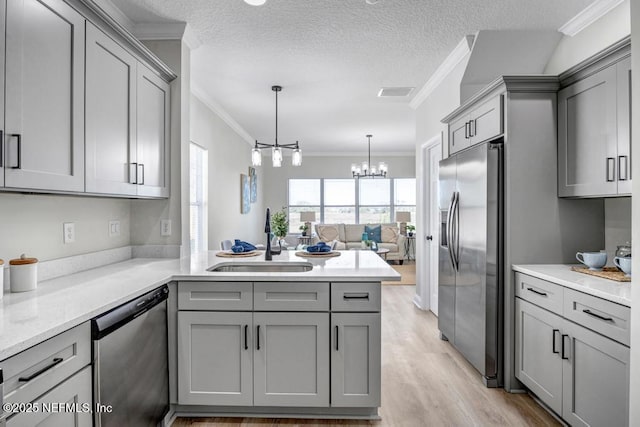 95332 Village Dr, Fernandina Beach, FL 32034 - kitchen featuring visible vents, a peninsula, gray cabinets, a sink, and stainless steel appliances