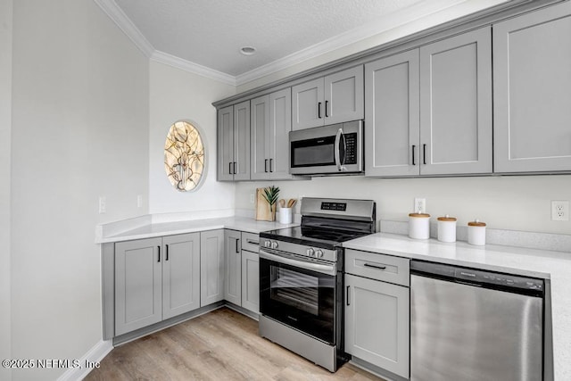 95332 Village Dr, Fernandina Beach, FL 32034 - kitchen featuring ornamental molding, gray cabinets, and stainless steel appliances