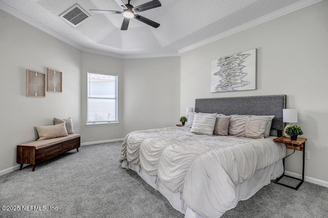 95332 Village Dr, Fernandina Beach, FL 32034 - carpeted bedroom with crown molding, baseboards, visible vents, and a textured ceiling