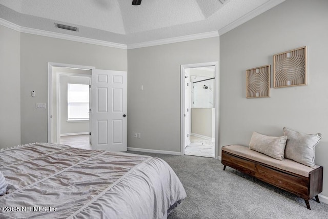 95332 Village Dr, Fernandina Beach, FL 32034 - carpeted bedroom with visible vents, baseboards, a textured ceiling, and crown molding