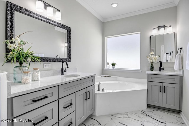 95332 Village Dr, Fernandina Beach, FL 32034 - full bath featuring a sink, a garden tub, marble finish floor, and ornamental molding