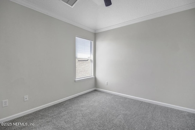 95332 Village Dr, Fernandina Beach, FL 32034 - spare room featuring a textured ceiling, carpet, visible vents, and ornamental molding