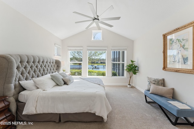 bedroom with lofted ceiling, a water view, carpet, baseboards, and a ceiling fan