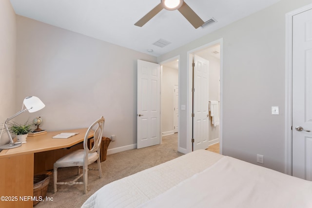 bedroom with light carpet, baseboards, visible vents, and a ceiling fan