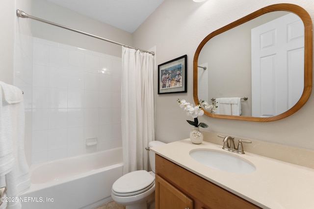 full bath featuring shower / bathtub combination with curtain, toilet, and vanity
