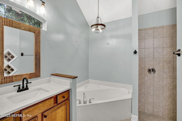 1317 Honeysuckle Dr, Saint Johns, FL 32259 - full bath with a garden tub, vanity, tiled shower, and lofted ceiling