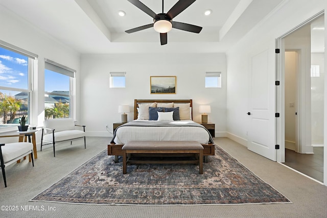 bedroom featuring baseboards, a raised ceiling, and carpet flooring