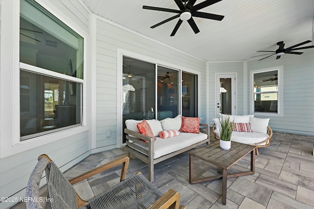view of patio / terrace featuring ceiling fan and an outdoor hangout area