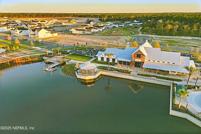 bird's eye view featuring a water view and a residential view