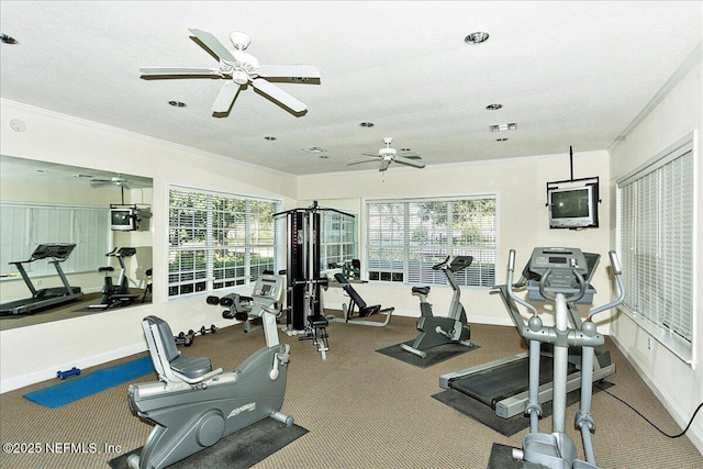 6738 White Blossom Cir Unit 36G, Jacksonville, FL 32258 - exercise room featuring a textured ceiling, ornamental molding, visible vents, and ceiling fan