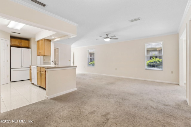 4532 Middleton Park Cir W, Jacksonville, FL 32224 - kitchen with visible vents, a ceiling fan, white appliances, crown molding, and light colored carpet