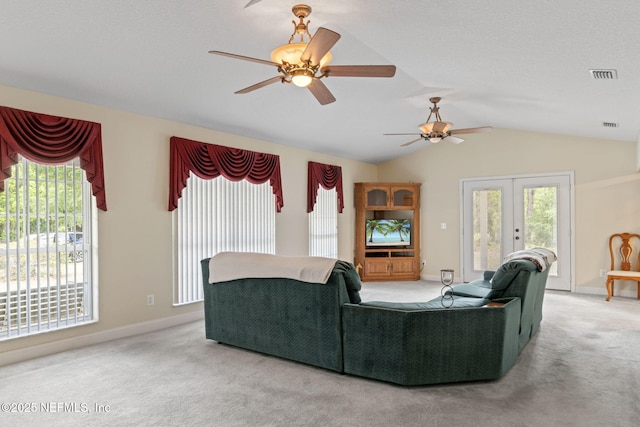 5398 Laurie Ln, Middleburg, FL 32068 - living room with carpet floors, french doors, vaulted ceiling, and ceiling fan