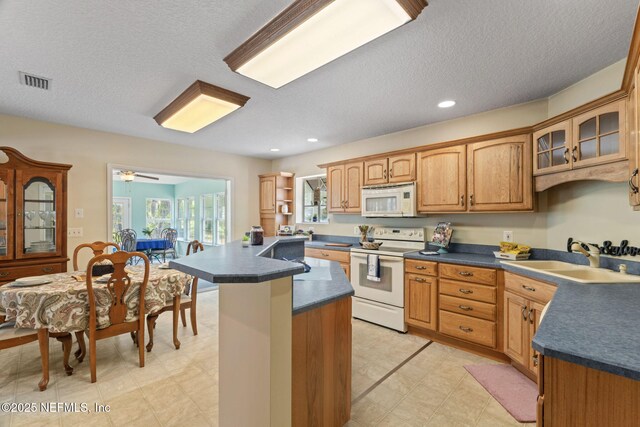 5398 Laurie Ln, Middleburg, FL 32068 - kitchen with white appliances, a sink, dark countertops, open shelves, and a textured ceiling