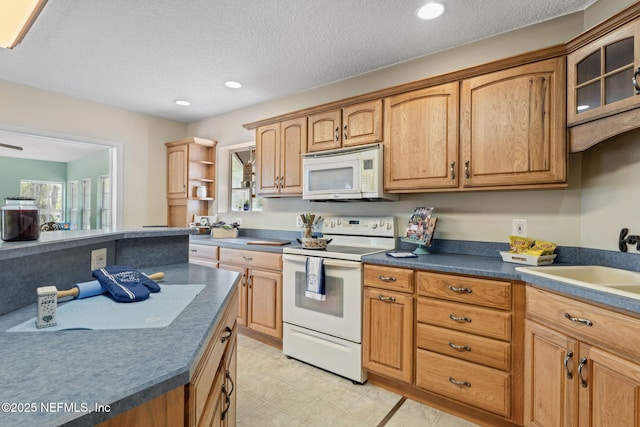 5398 Laurie Ln, Middleburg, FL 32068 - kitchen featuring white appliances, open shelves, glass insert cabinets, a sink, and recessed lighting