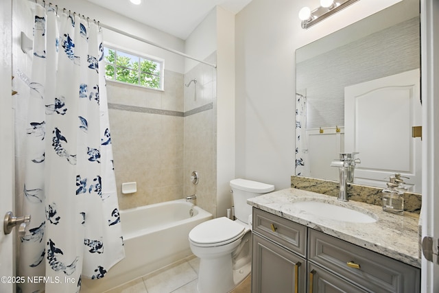 full bathroom with shower / bath combo, toilet, tile patterned flooring, and vanity