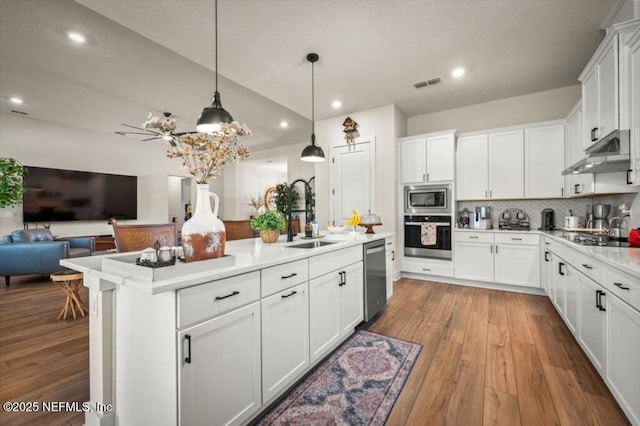 kitchen with visible vents, a sink, under cabinet range hood, appliances with stainless steel finishes, and open floor plan