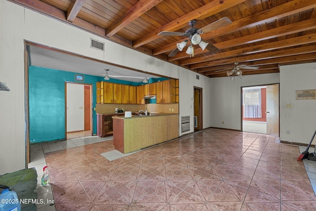 2685 Sandra Ln, Jacksonville, FL 32208 - kitchen with visible vents, a peninsula, brown cabinetry, a ceiling fan, and a sink