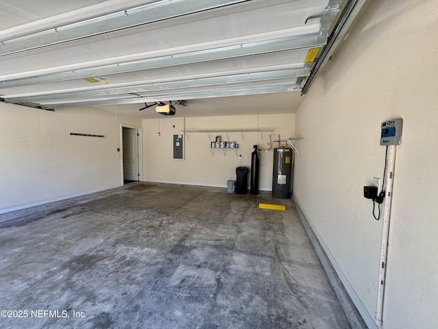 garage featuring electric panel, a garage door opener, baseboards, and electric water heater