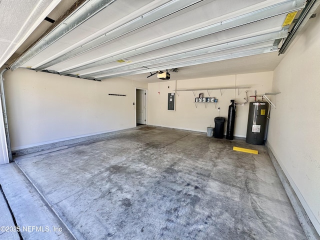 garage featuring electric panel, a garage door opener, baseboards, and electric water heater
