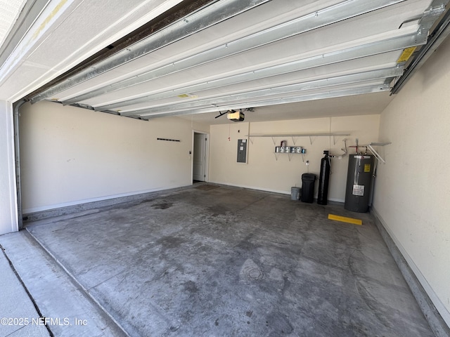 garage with electric panel and electric water heater
