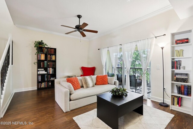 9745 Touchton Rd Unit 1629, Jacksonville, FL 32246 - living area featuring stairway, a ceiling fan, ornamental molding, and wood finished floors