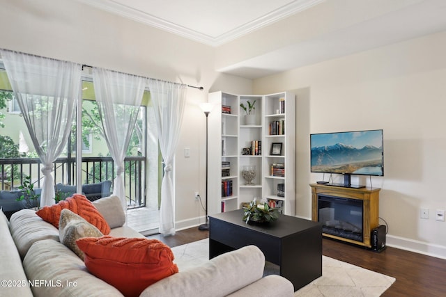 9745 Touchton Rd Unit 1629, Jacksonville, FL 32246 - living room featuring ornamental molding, baseboards, a glass covered fireplace, and dark wood-style floors