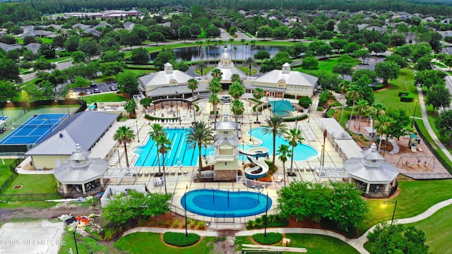 drone / aerial view featuring a water view