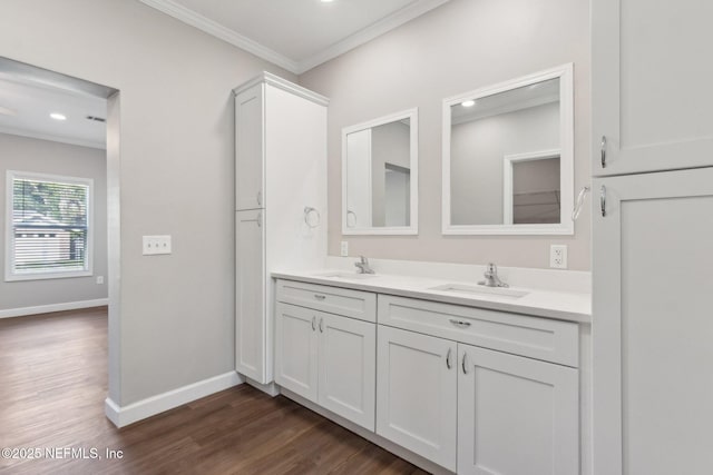 2939 Fitzgerald St, Jacksonville, FL 32254 - bathroom featuring baseboards, ornamental molding, a sink, and wood finished floors