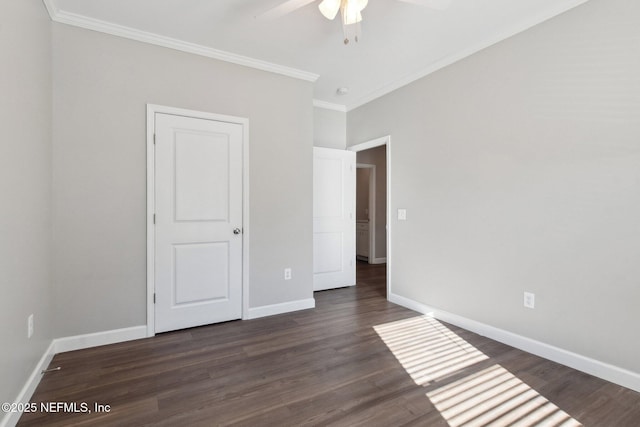 2939 Fitzgerald St, Jacksonville, FL 32254 - unfurnished bedroom with dark wood-type flooring, ornamental molding, baseboards, and ceiling fan