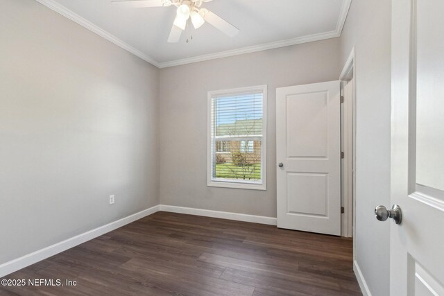 2939 Fitzgerald St, Jacksonville, FL 32254 - spare room featuring baseboards, ceiling fan, ornamental molding, and dark wood-style flooring