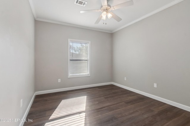 2939 Fitzgerald St, Jacksonville, FL 32254 - unfurnished room with a ceiling fan, dark wood-style floors, baseboards, visible vents, and ornamental molding