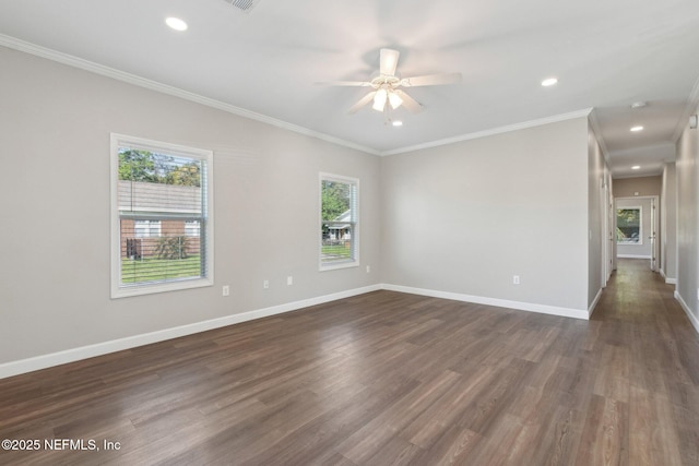 2939 Fitzgerald St, Jacksonville, FL 32254 - spare room with baseboards, ornamental molding, recessed lighting, a ceiling fan, and dark wood-style floors