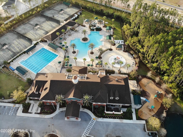 aerial view of a pool area