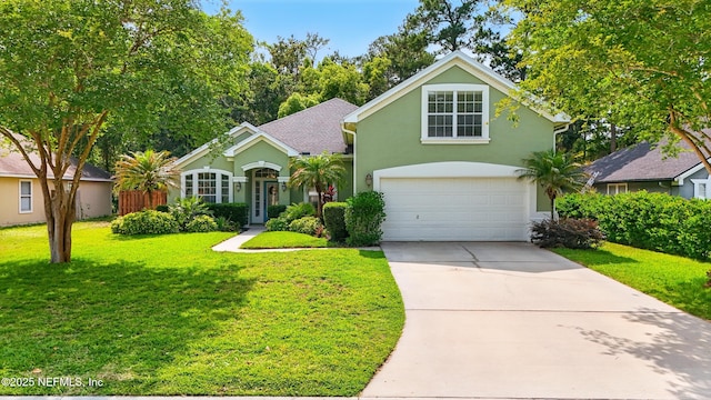 traditional home with a garage, stucco siding, driveway, and a front yard