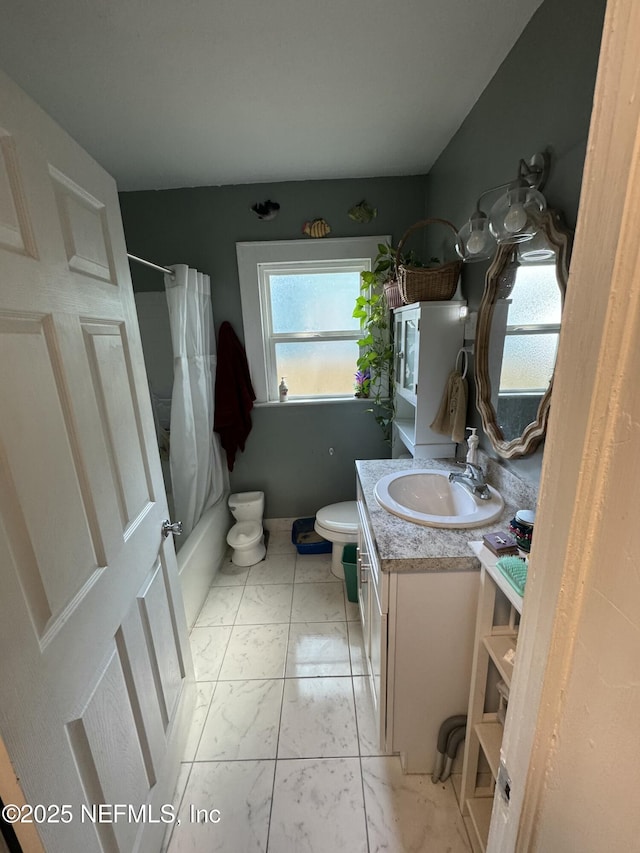full bath featuring toilet, shower / bathtub combination with curtain, marble finish floor, and vanity