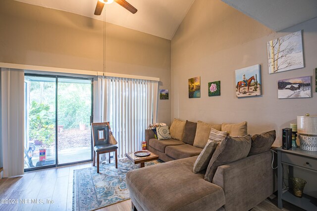 1201 Mayport Landing Cir, Jacksonville, FL 32233 - living room featuring wood finished floors, high vaulted ceiling, and ceiling fan