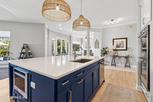 5698 Grand Cayman Rd, Jacksonville, FL 32226 - kitchen featuring blue cabinets, appliances with stainless steel finishes, ornamental molding, and a sink