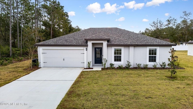 19 Slipper Flower Path E, Palm Coast, FL 32164 - ranch-style home featuring concrete driveway, stucco siding, a front lawn, and roof with shingles