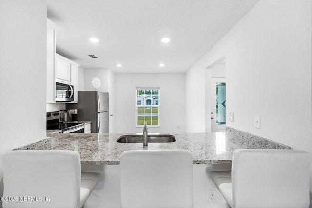 19 Slipper Flower Path E, Palm Coast, FL 32164 - kitchen with stainless steel appliances, a sink, light stone counters, visible vents, and a peninsula