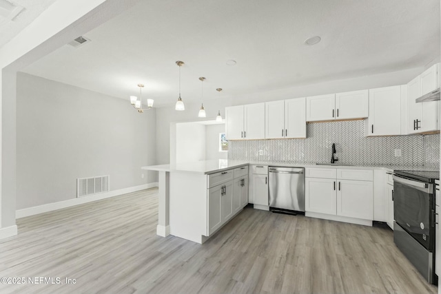 kitchen featuring visible vents, backsplash, white cabinetry, a peninsula, and stainless steel appliances