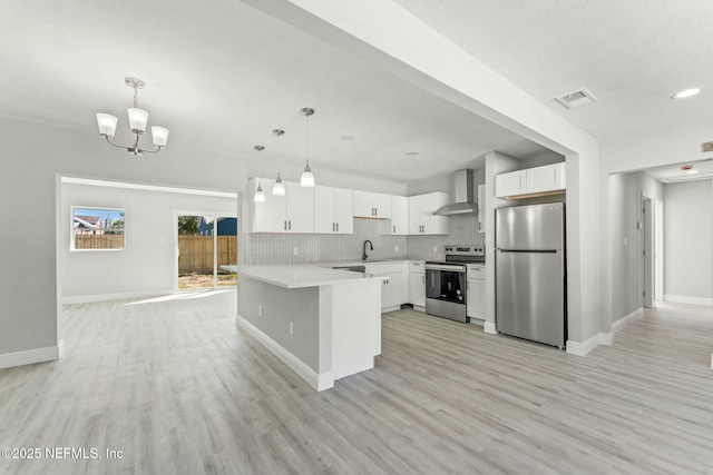 kitchen featuring visible vents, a peninsula, appliances with stainless steel finishes, wall chimney range hood, and backsplash