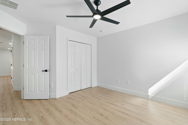 3852 Westridge Dr, Orange Park, FL 32065 - unfurnished bedroom with visible vents, a ceiling fan, a closet, light wood finished floors, and baseboards