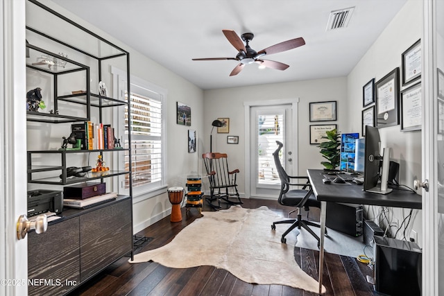 31 26th Ave S, Jacksonville Beach, FL 32250 - home office with a healthy amount of sunlight, a ceiling fan, wood finished floors, and visible vents