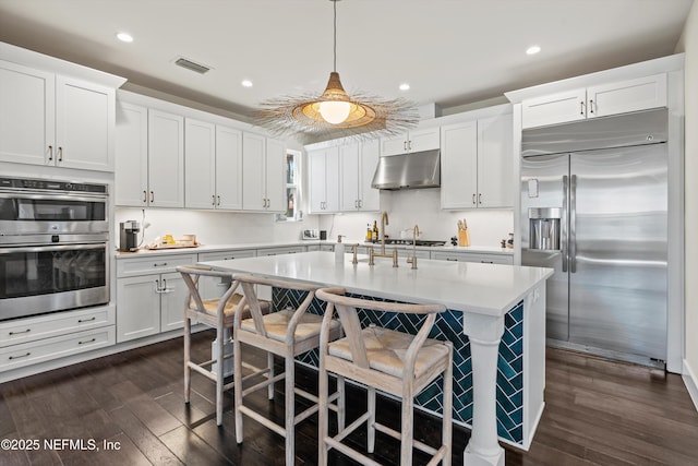 31 26th Ave S, Jacksonville Beach, FL 32250 - kitchen with under cabinet range hood, appliances with stainless steel finishes, dark wood finished floors, and visible vents